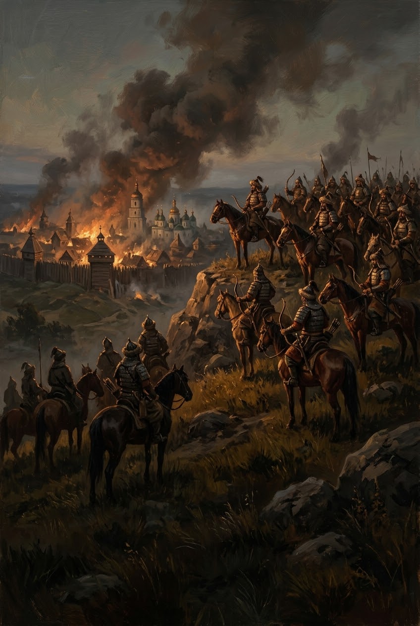 монголската конница пред горящия Киев, 1240 г.